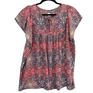 GAP Women Babydoll Blouse Short Cap Sleeves Sz XL Pink Flowy Boho Paisley 4-3
